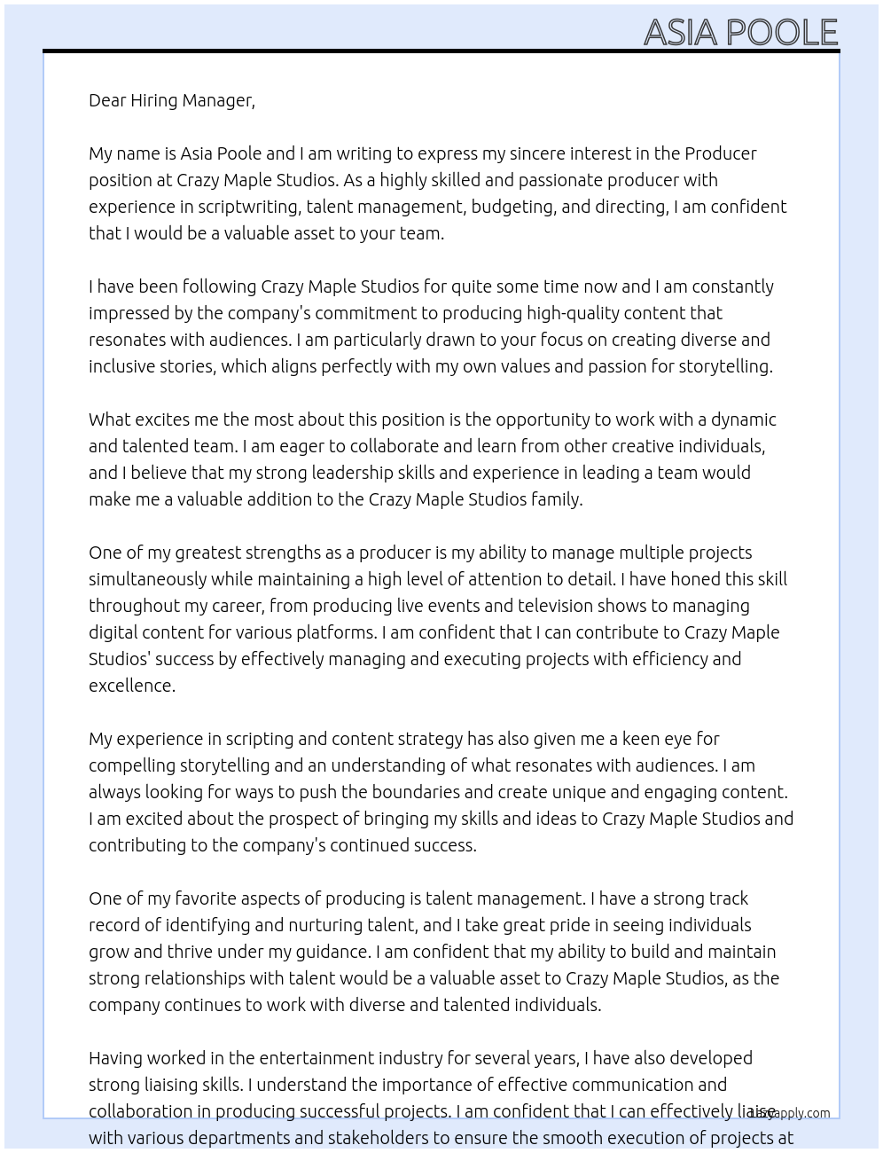 Producer At Crazy Maple Studios Cover Letter