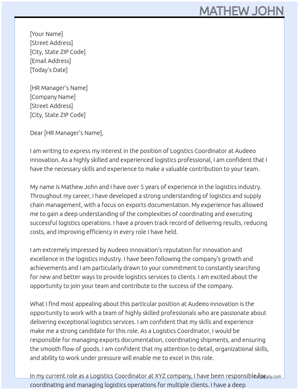 Logistics Coordinator At Audeeo innovation Cover Letter