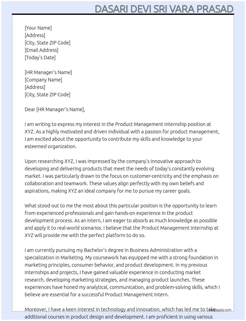 Product Management Internship At XYZ Cover Letter