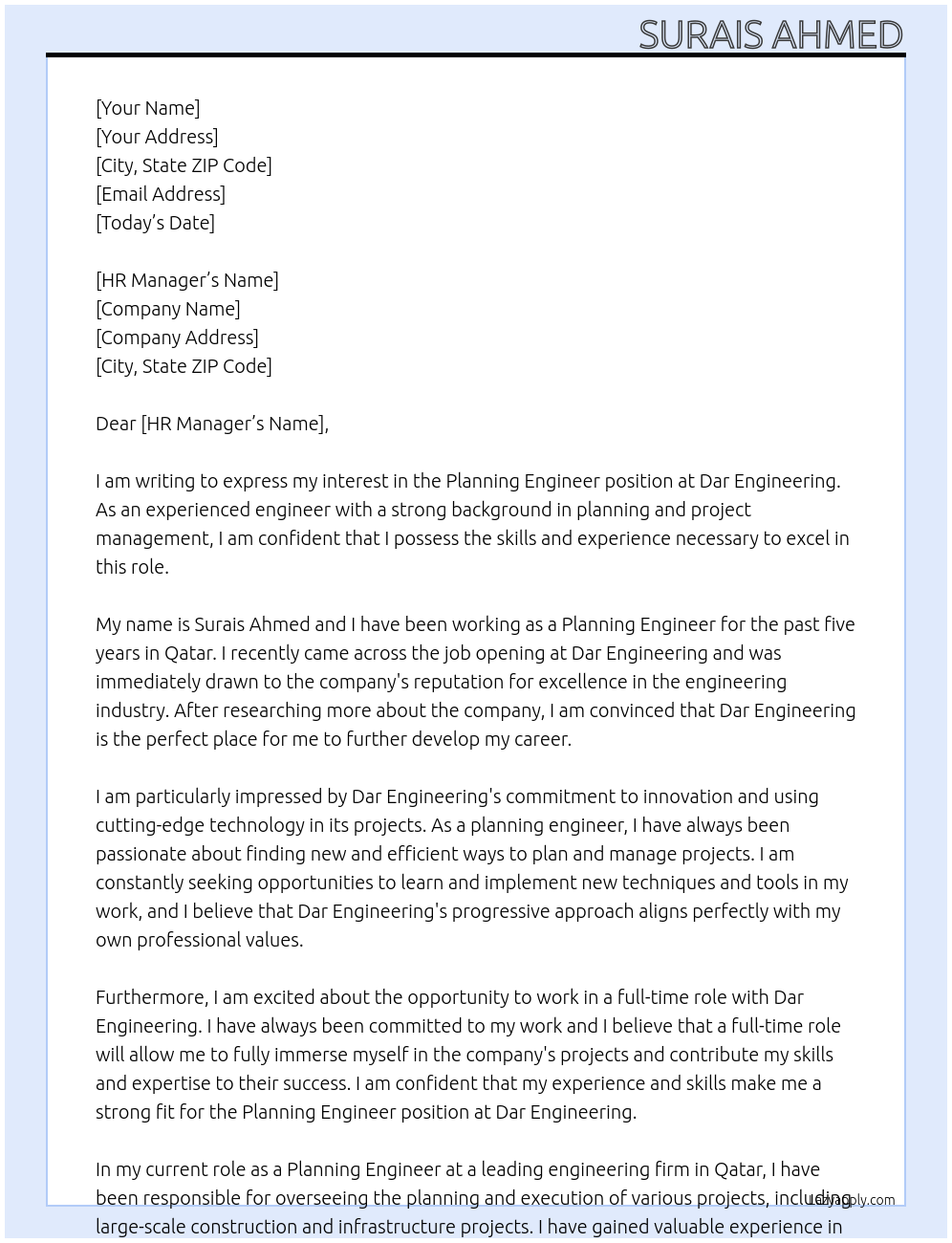 Planning Engineer At Dar Engineering Cover Letter