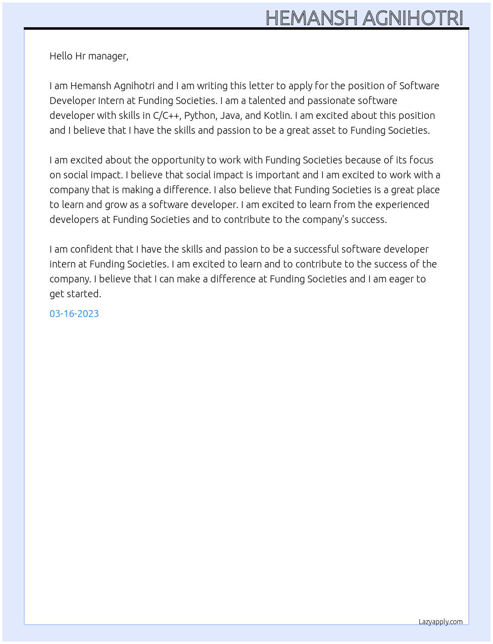 Software Developer Intern At Funding Societies Cover Letter