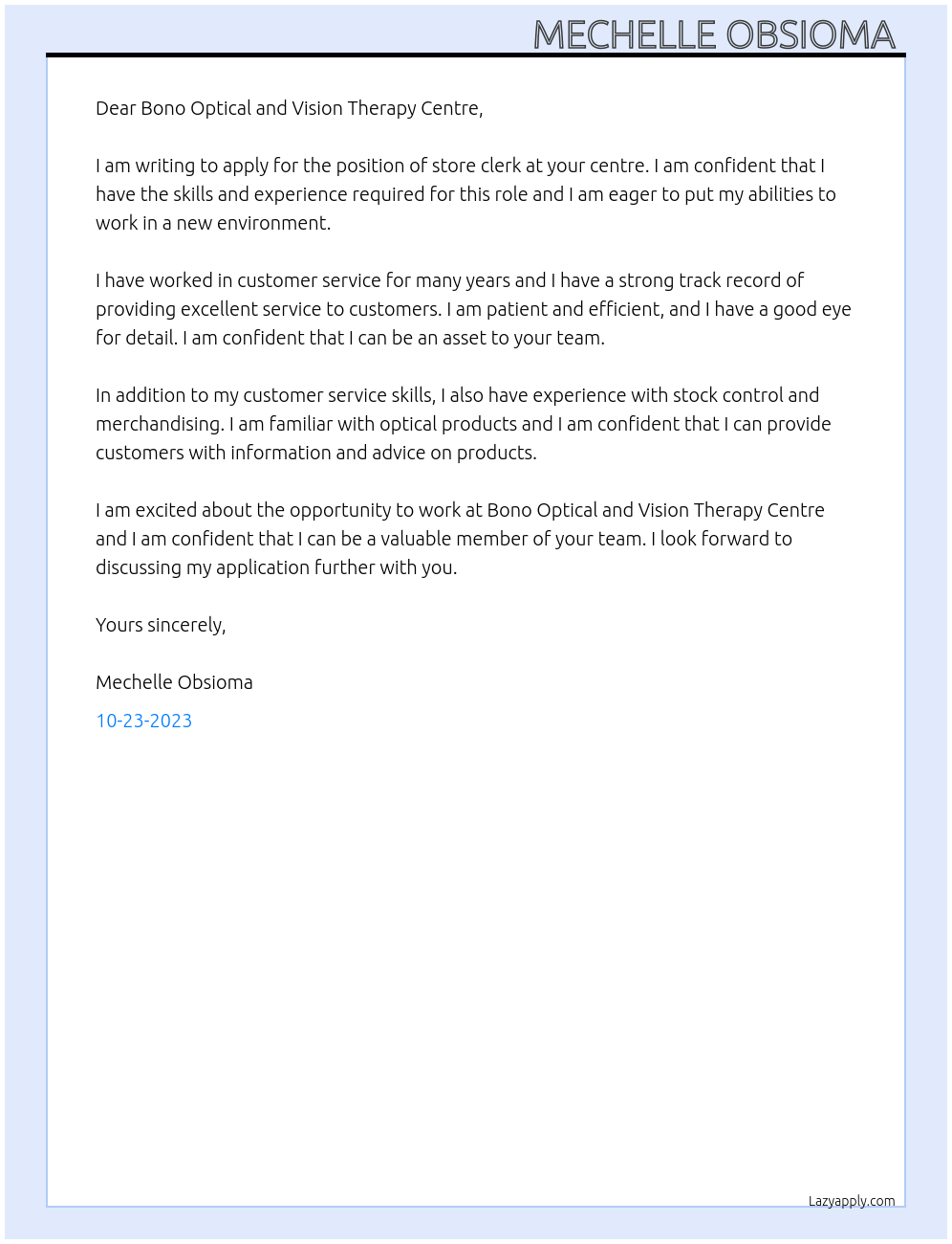Store clerk At Bono Optical and Vision Therapy Centre Cover Letter