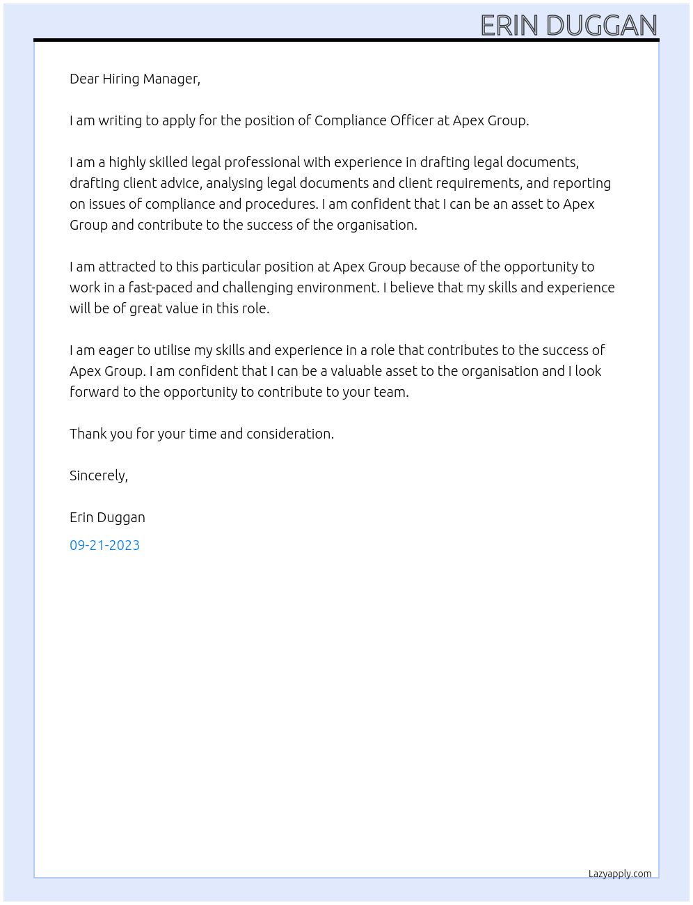 Compliance Officer At Apex Group Cover Letter