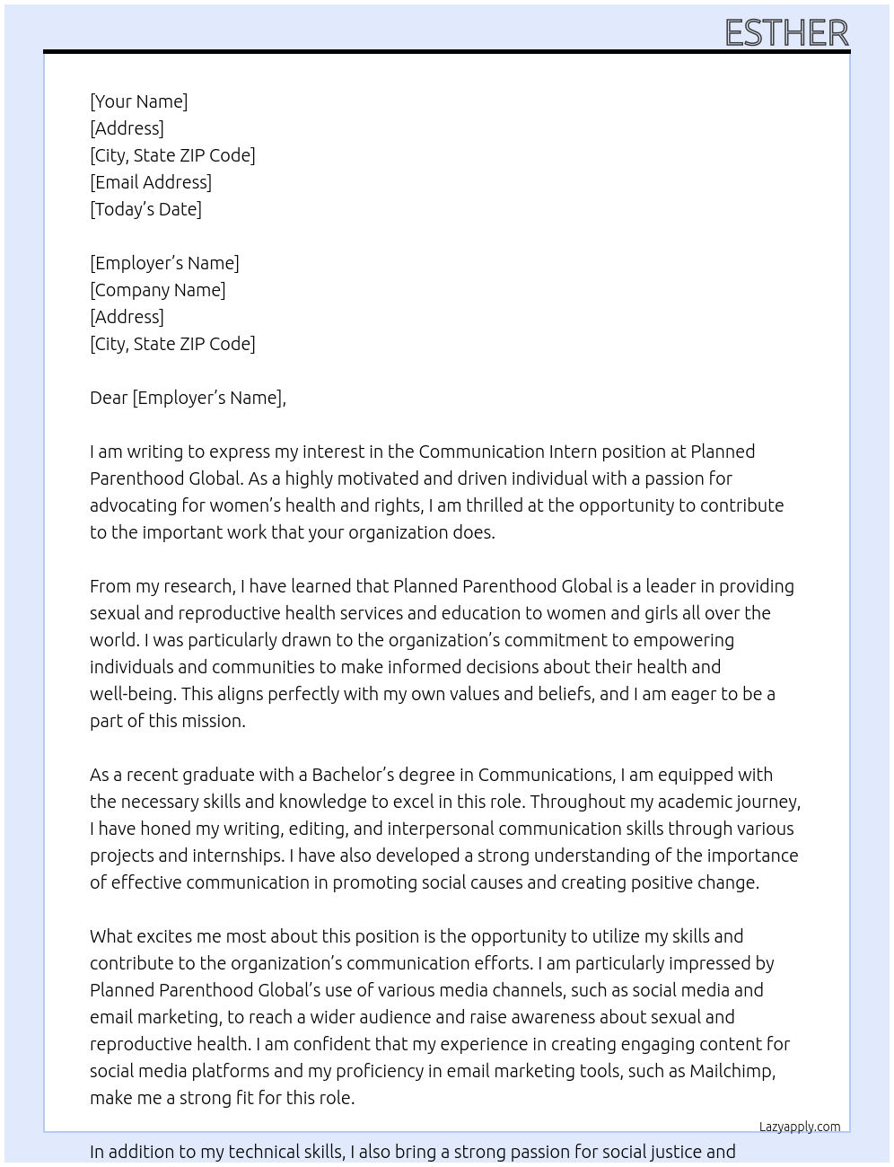 communication intern At planned parenthood global Cover Letter