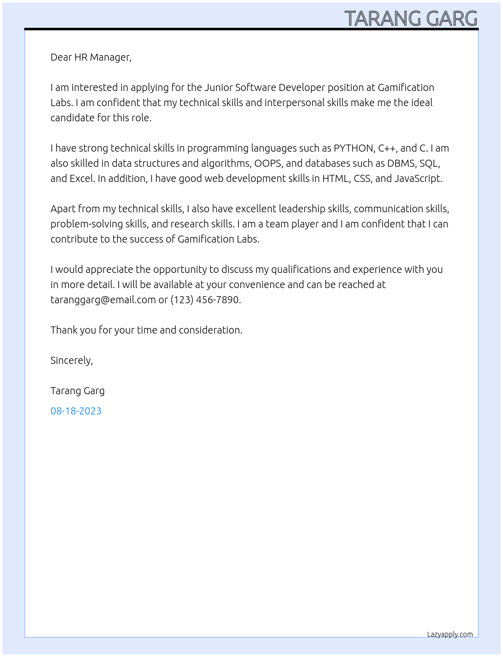 Junior Software Developer At Gamification Labs Cover Letter