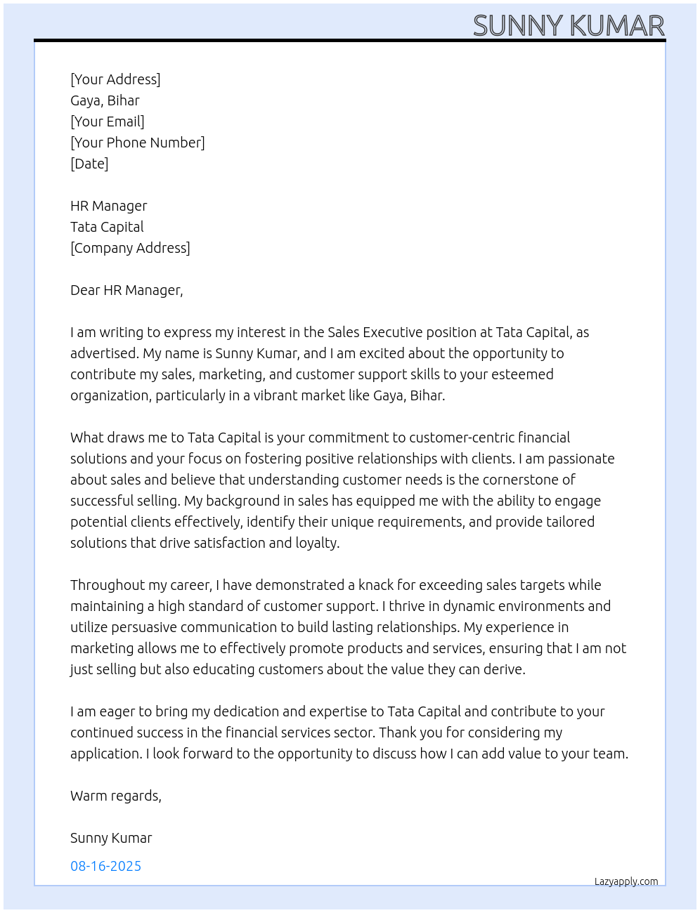 Sales executive  At Tata Capital  Cover Letter