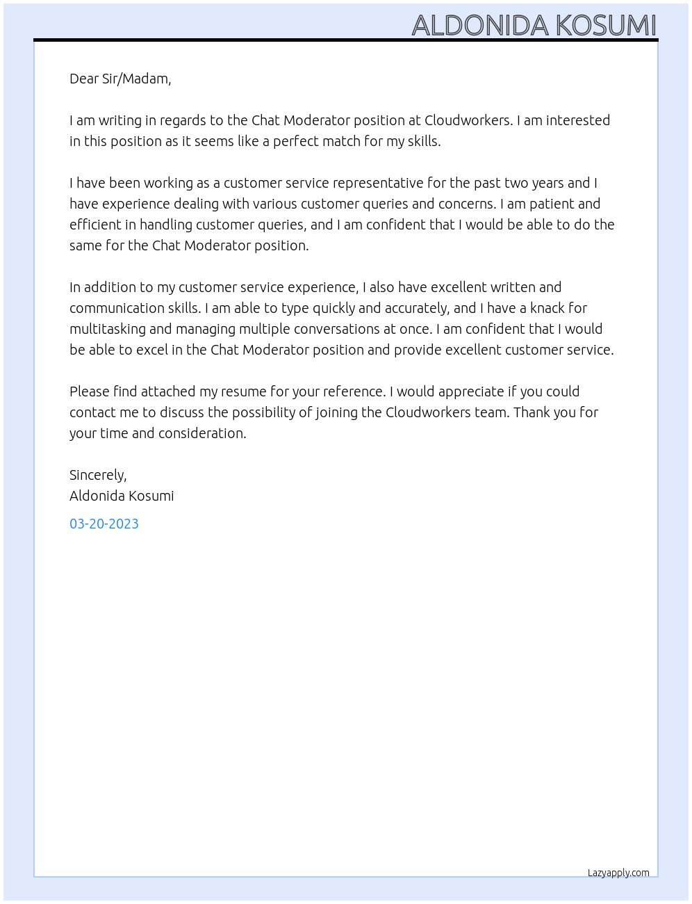 Chat moderator At Cloudworkers Cover Letter