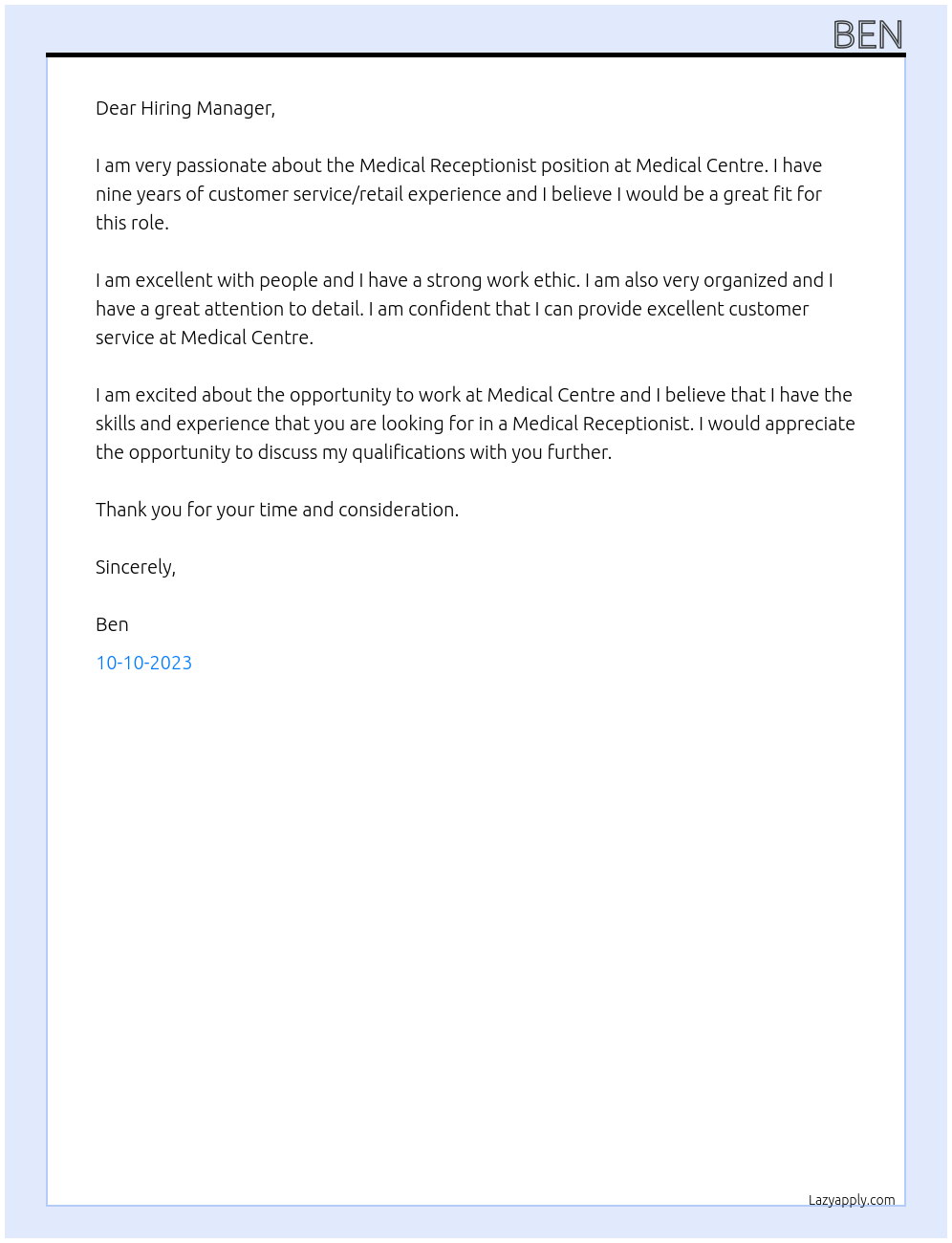 Medical Receptionist At Medical Centre Cover Letter