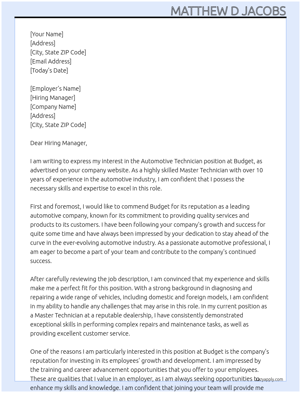 Automotive Technician At Budget Cover Letter