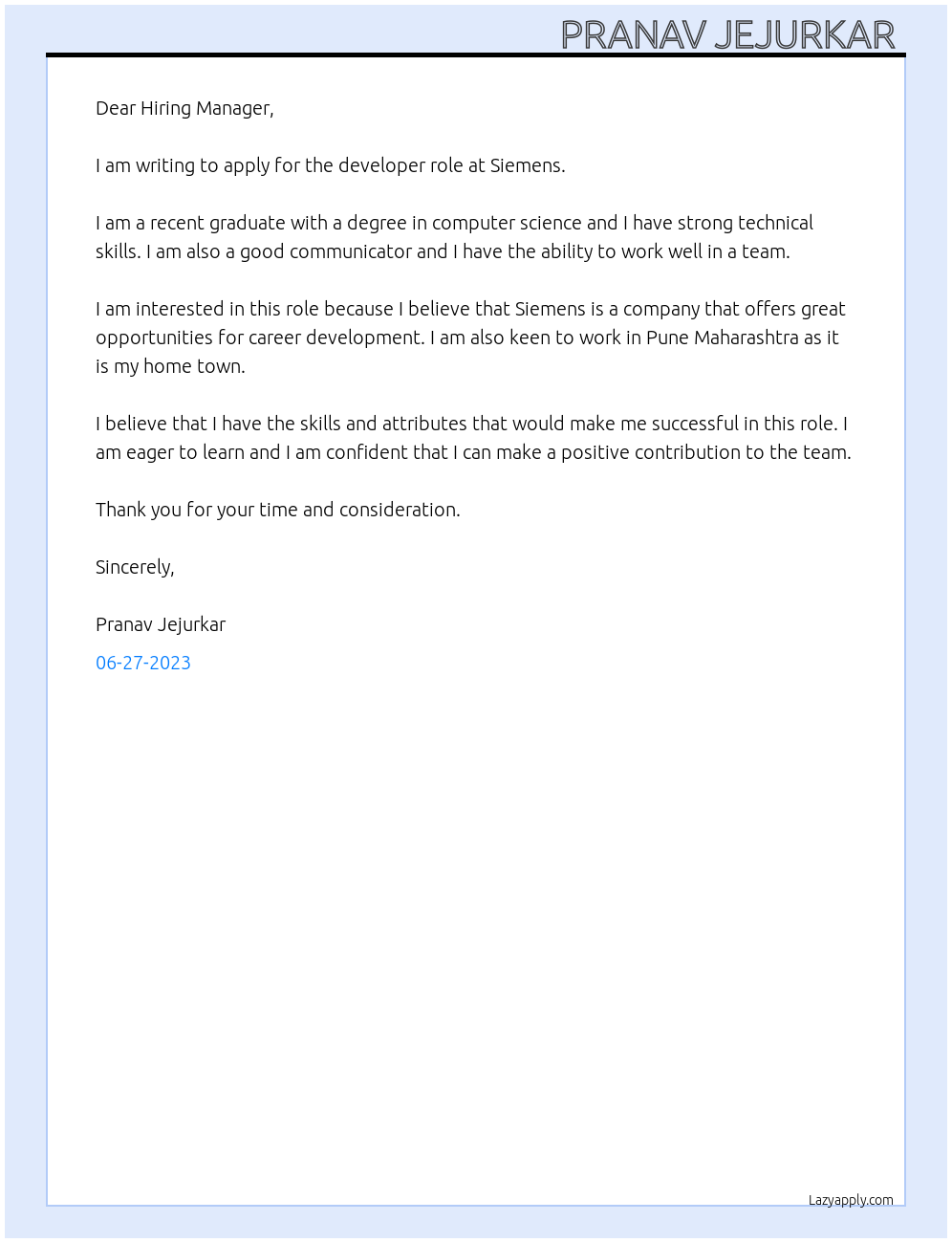 developer At siemens Cover Letter