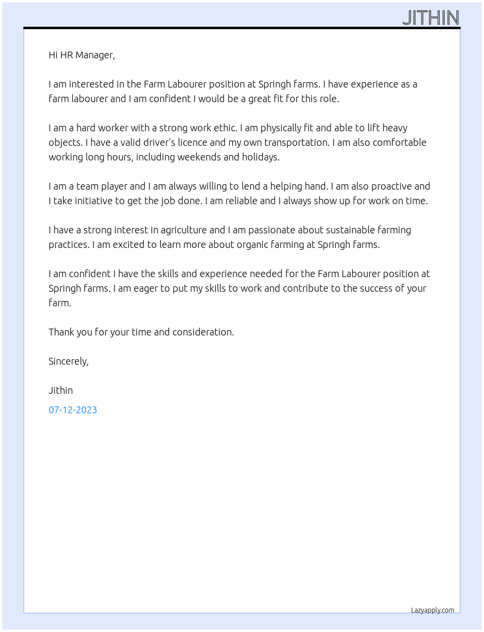 Farm Labourer At Springh farms Cover Letter