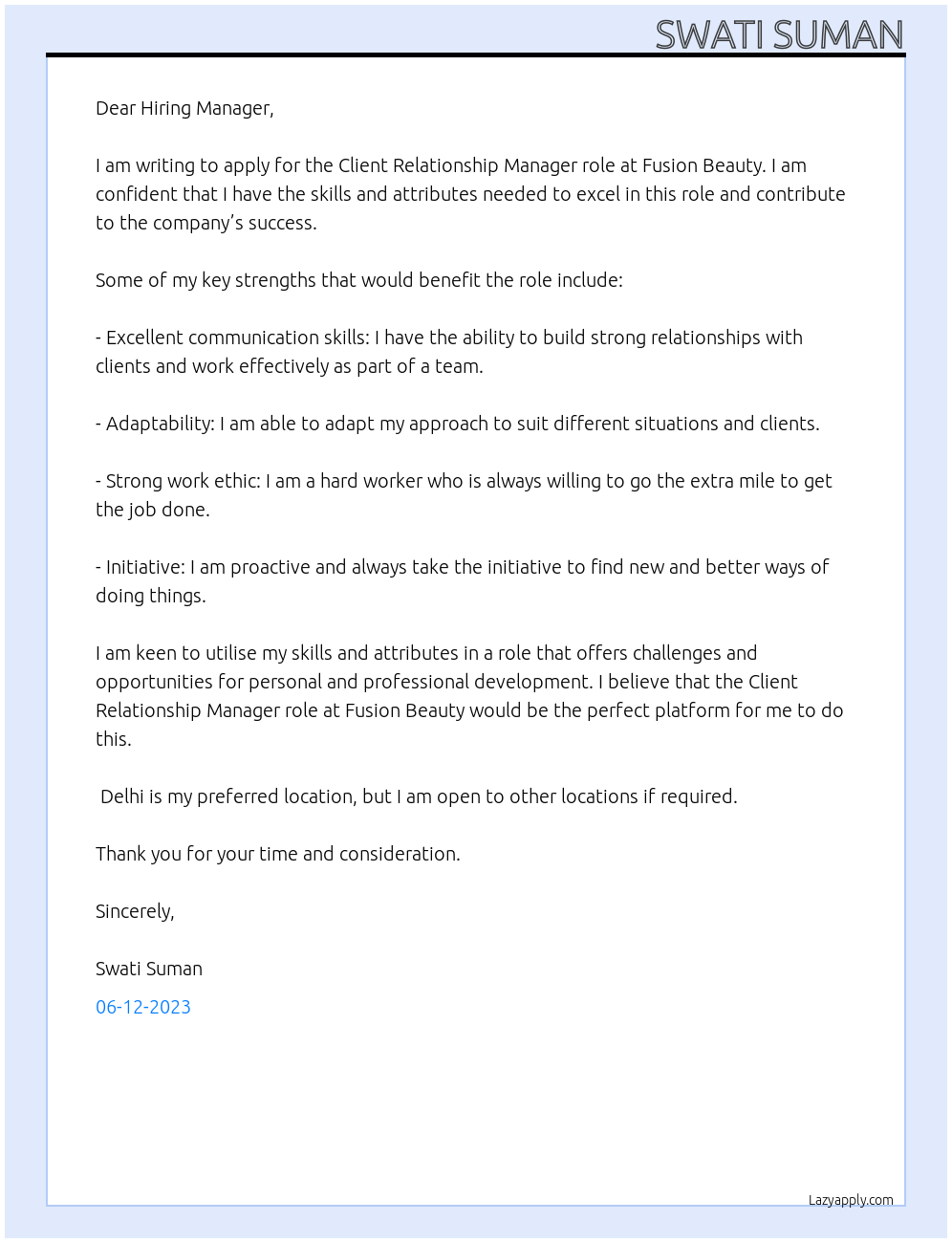 Client relationship manager  At Fusion beauty  Cover Letter