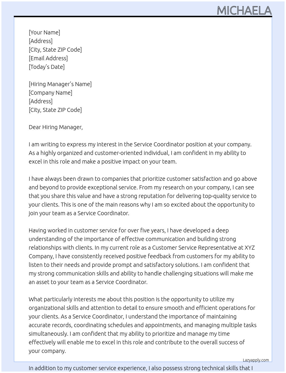 Service Coordinator  At None Cover Letter