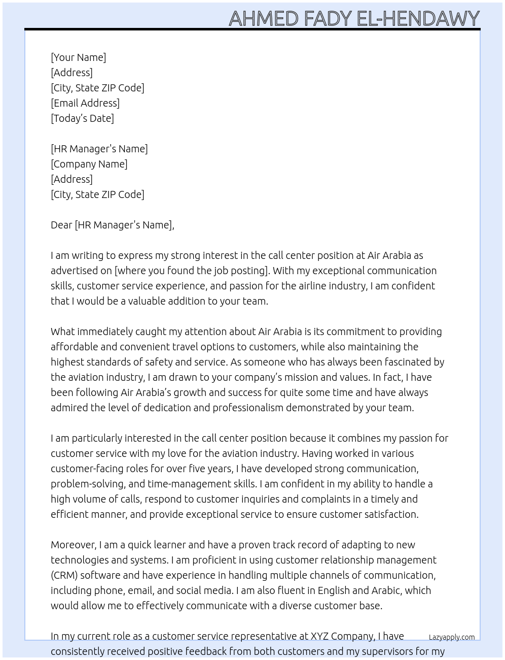 Call center At Air Arabia Cover Letter