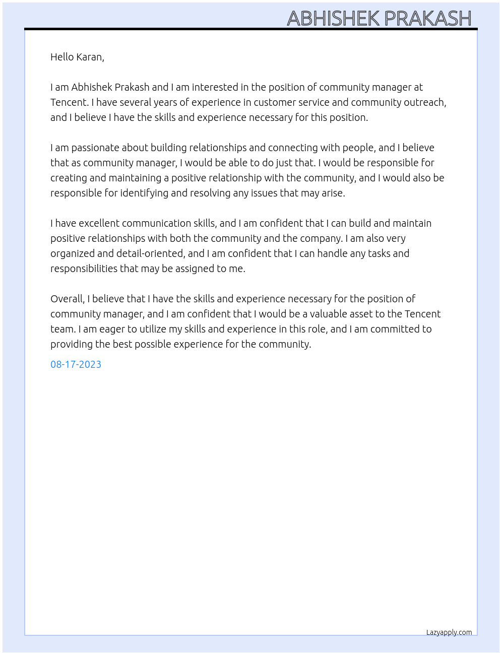 community manager At tencent Cover Letter