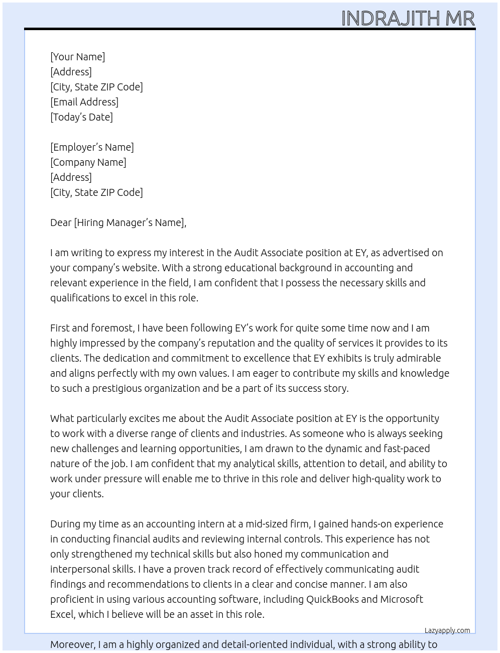 Audit associate At EY Cover Letter
