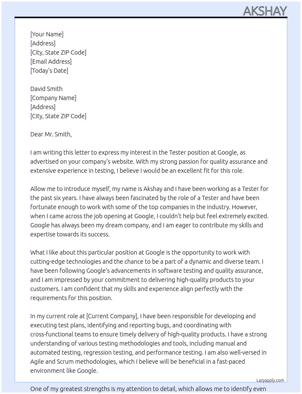 tester At google Cover Letter