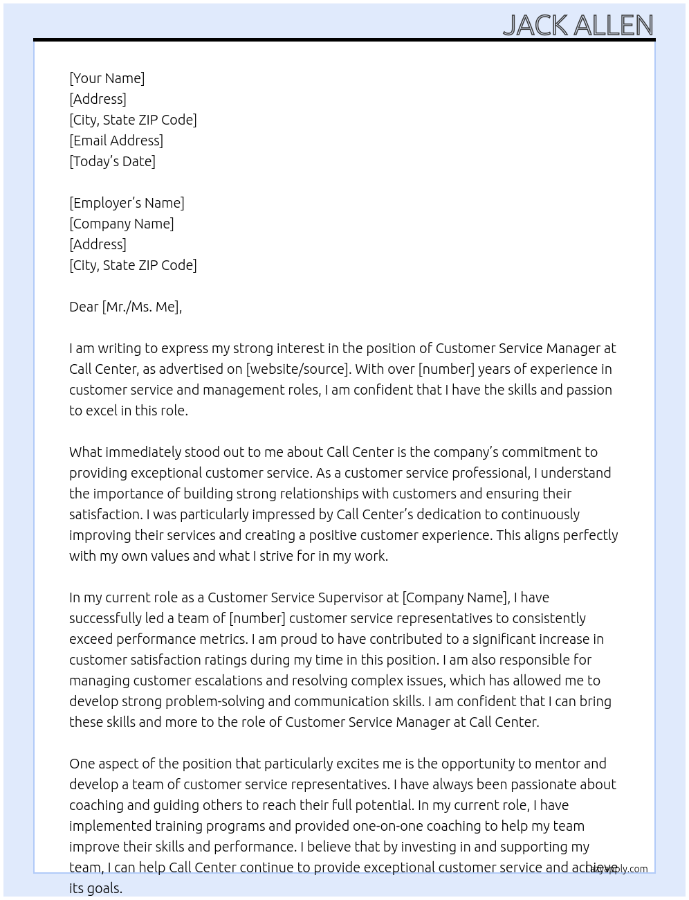 Customer Service Manager At Call Center Cover Letter