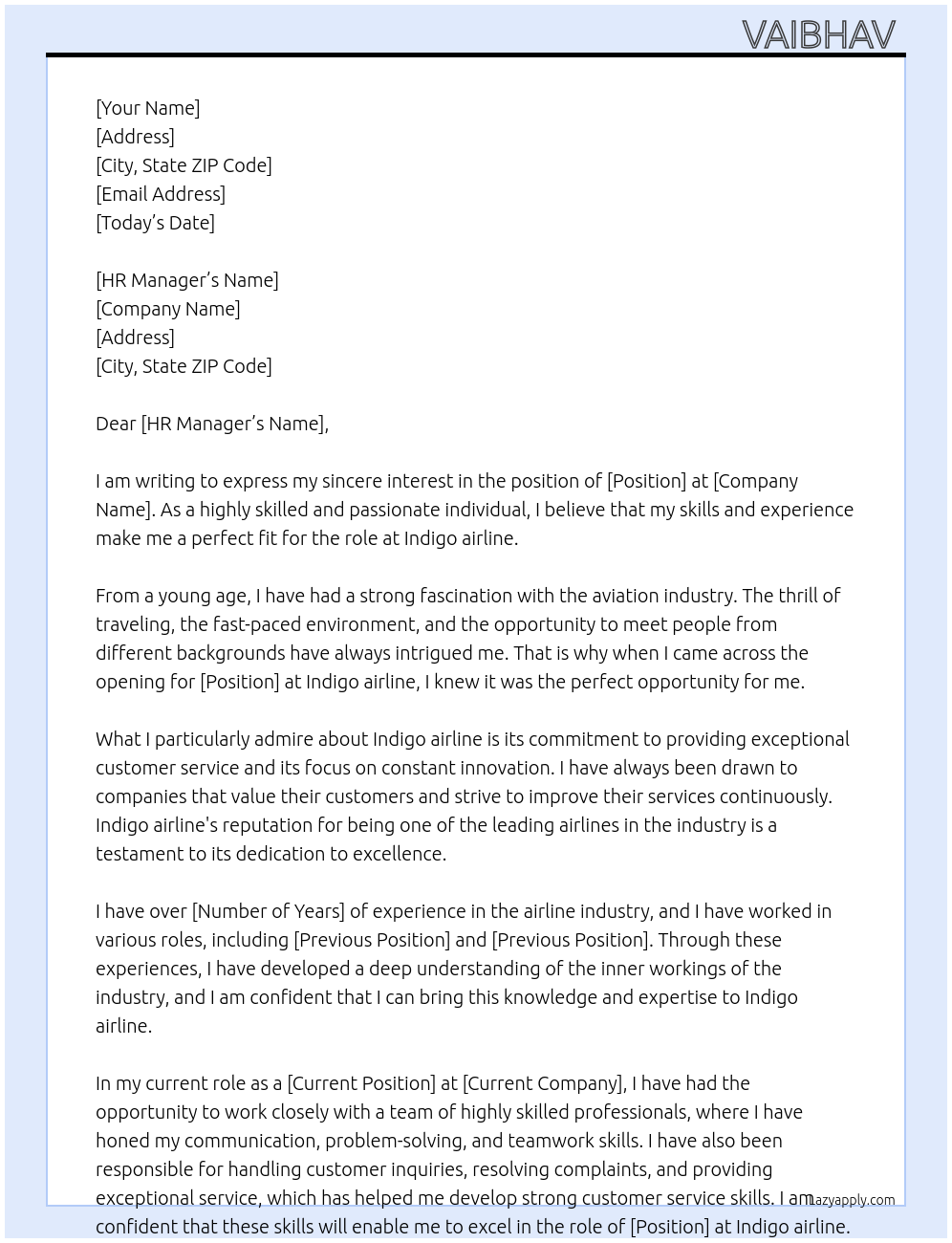 Indigo airline At Indigo airline Cover Letter
