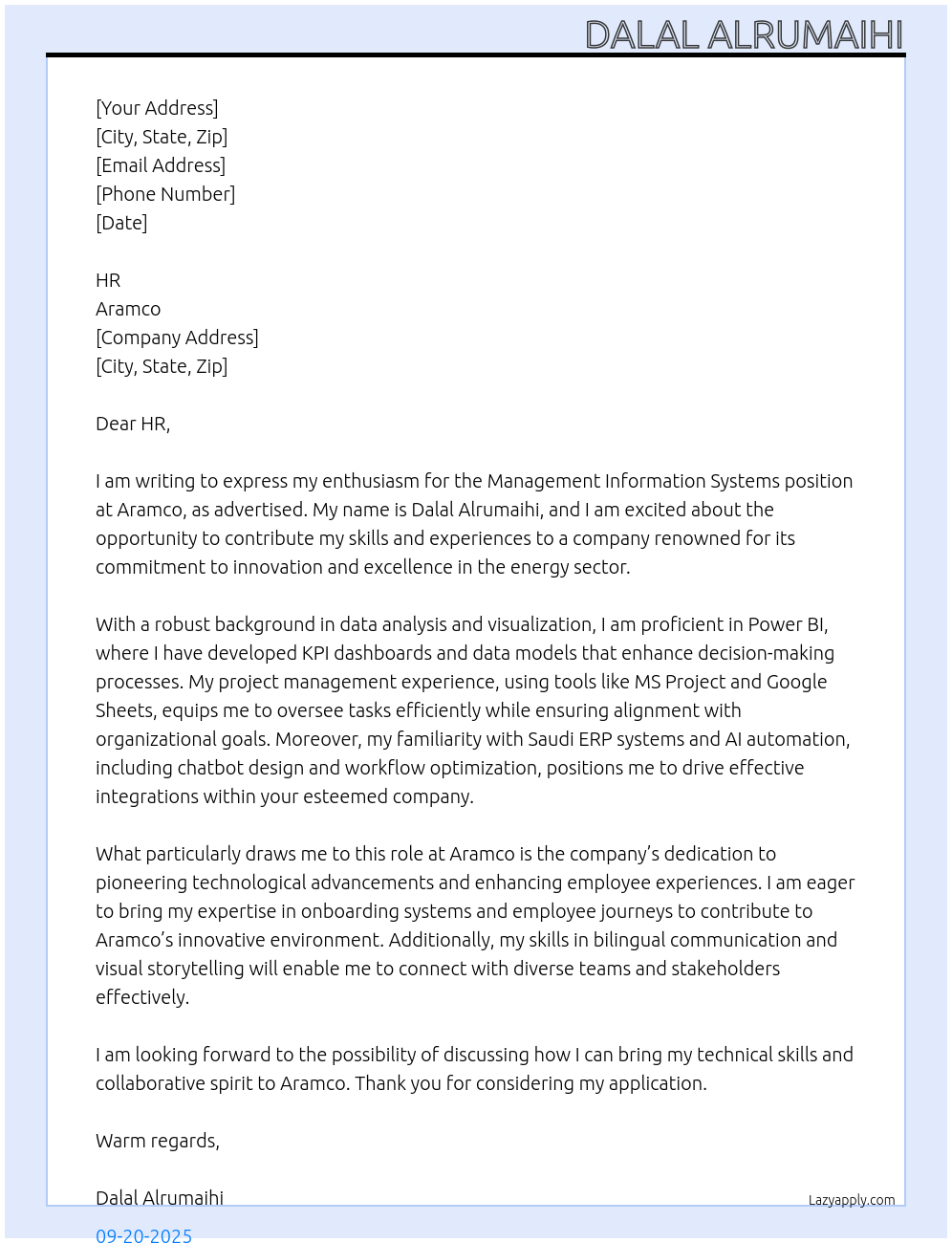 Management Information Systems At Aramco Cover Letter