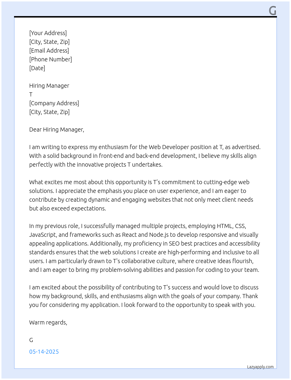 Web developer At T Cover Letter