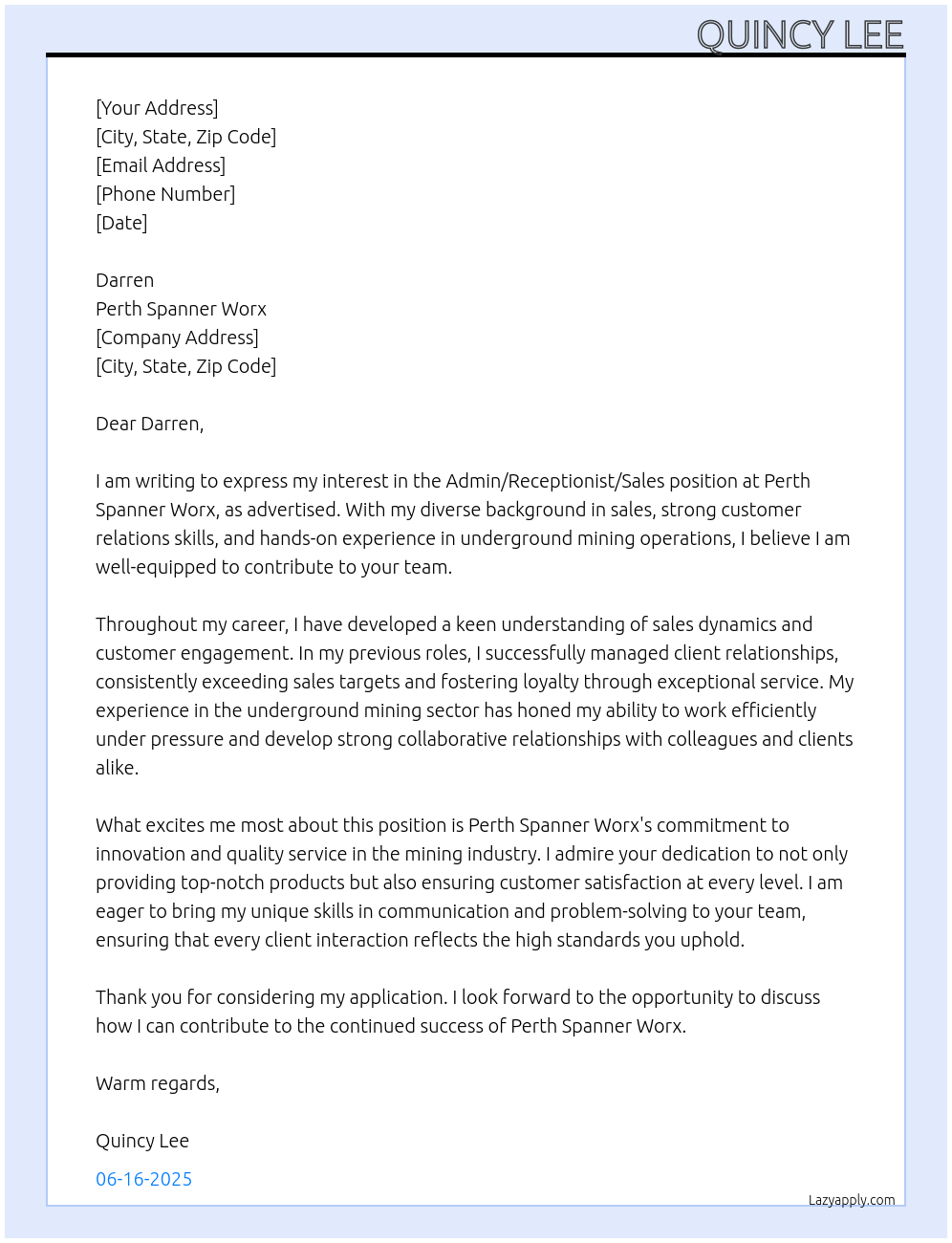 Admin/ receptionist /sales At Perth Spanner Worx Cover Letter