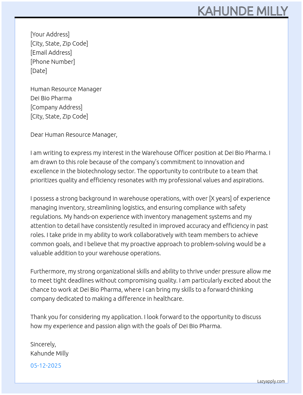 Warehouse officer At Dei bio pharma Cover Letter