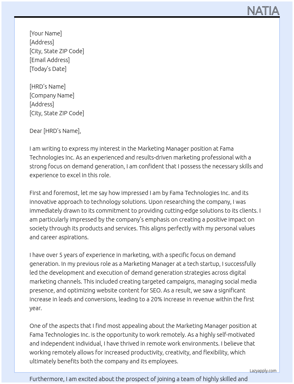 Marketing Manager At Fama Technologies Inc. Cover Letter