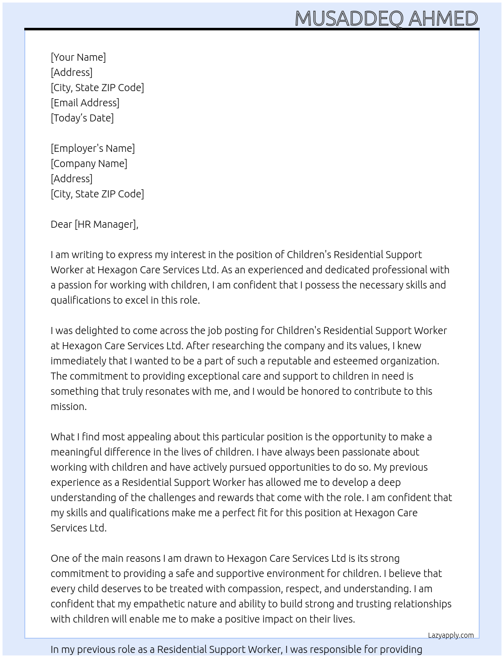 Children's Residential Support Worker At Hexagon Care Services Ltd Cover Letter