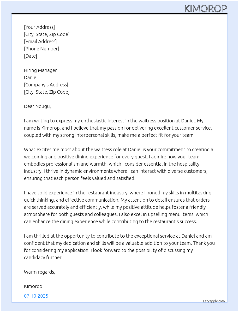 waitress At daniel Cover Letter