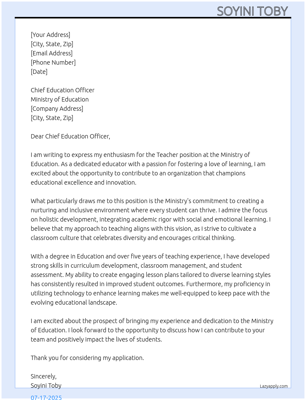 Tracher At Ministry of education Cover Letter