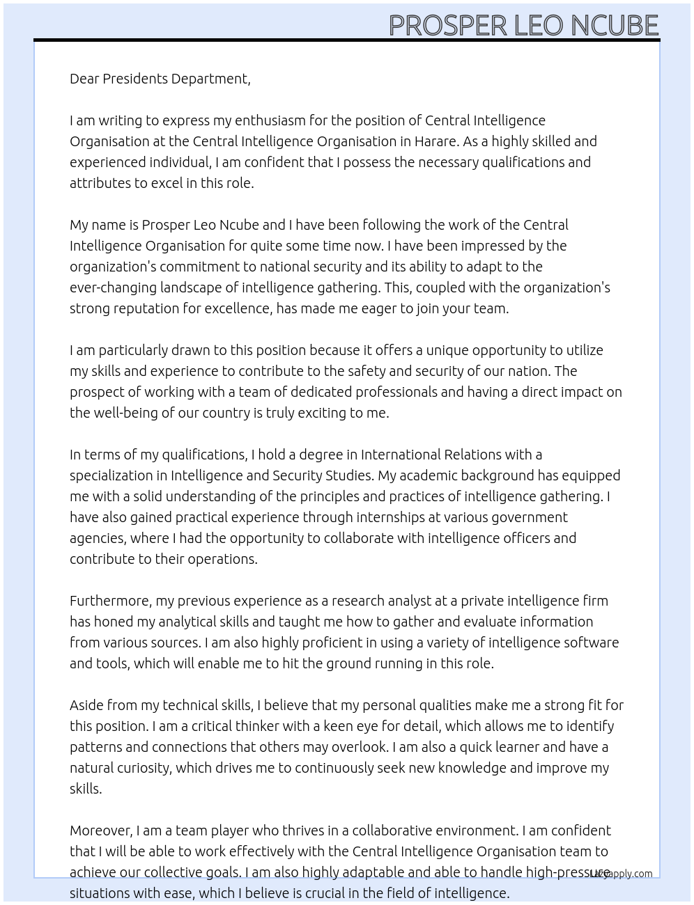 central intelligence organisation  At central intelligence organisation  Cover Letter