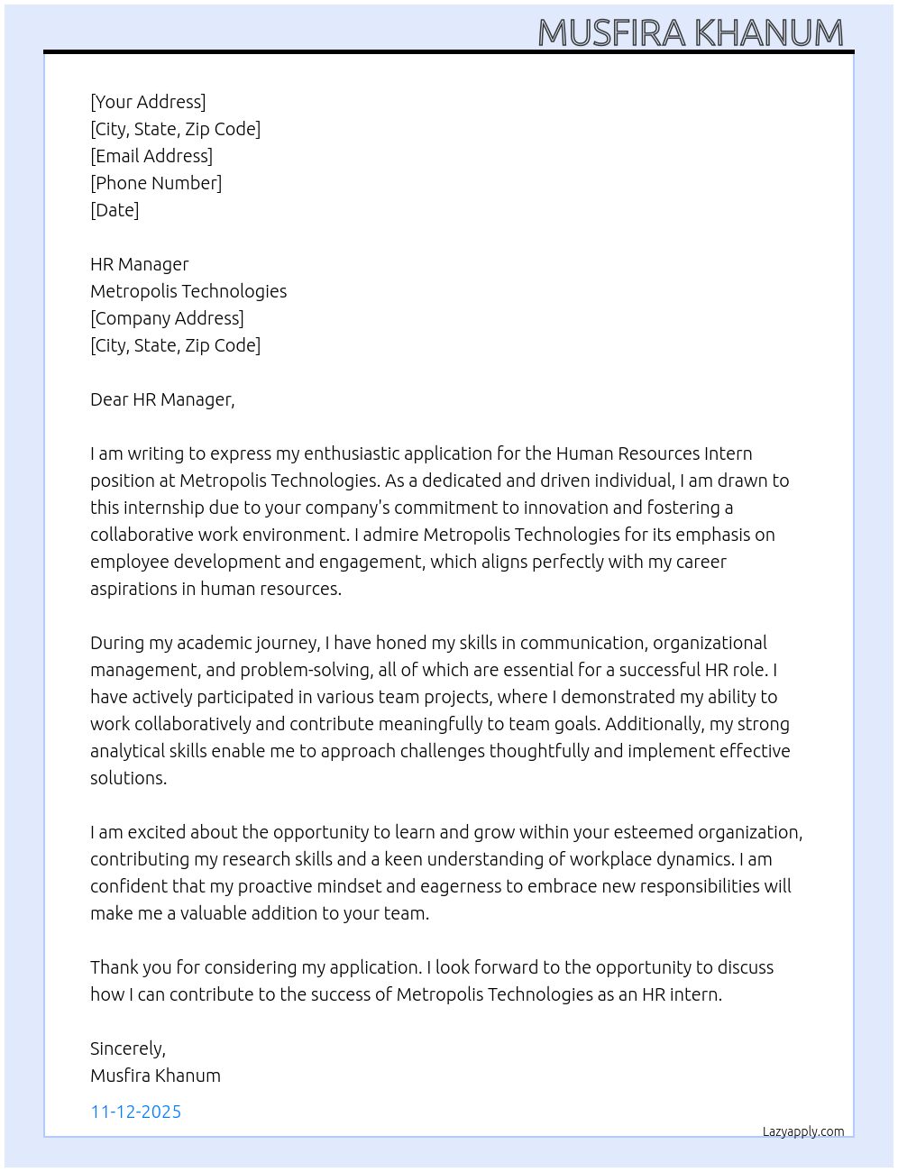 Cover letter for human resources intern - LazyApply