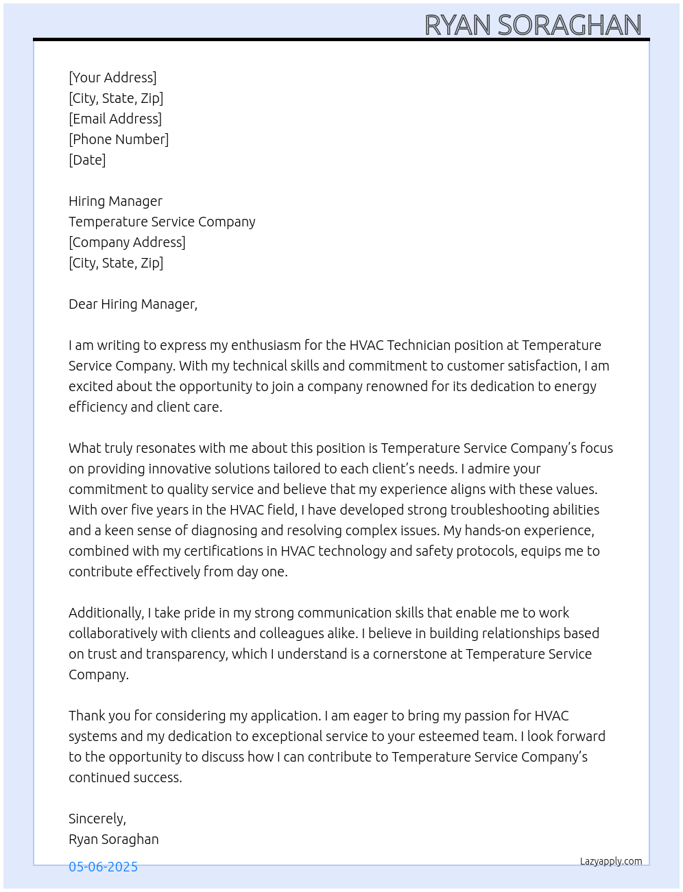 HVAC technician At Temperature Service Company Cover Letter