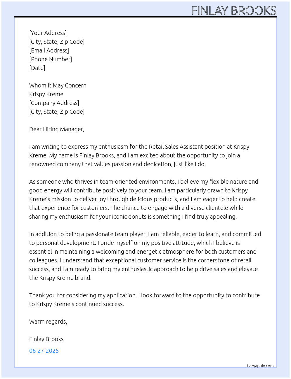 Retail Sales Assistant At Krispy Kreme Cover Letter