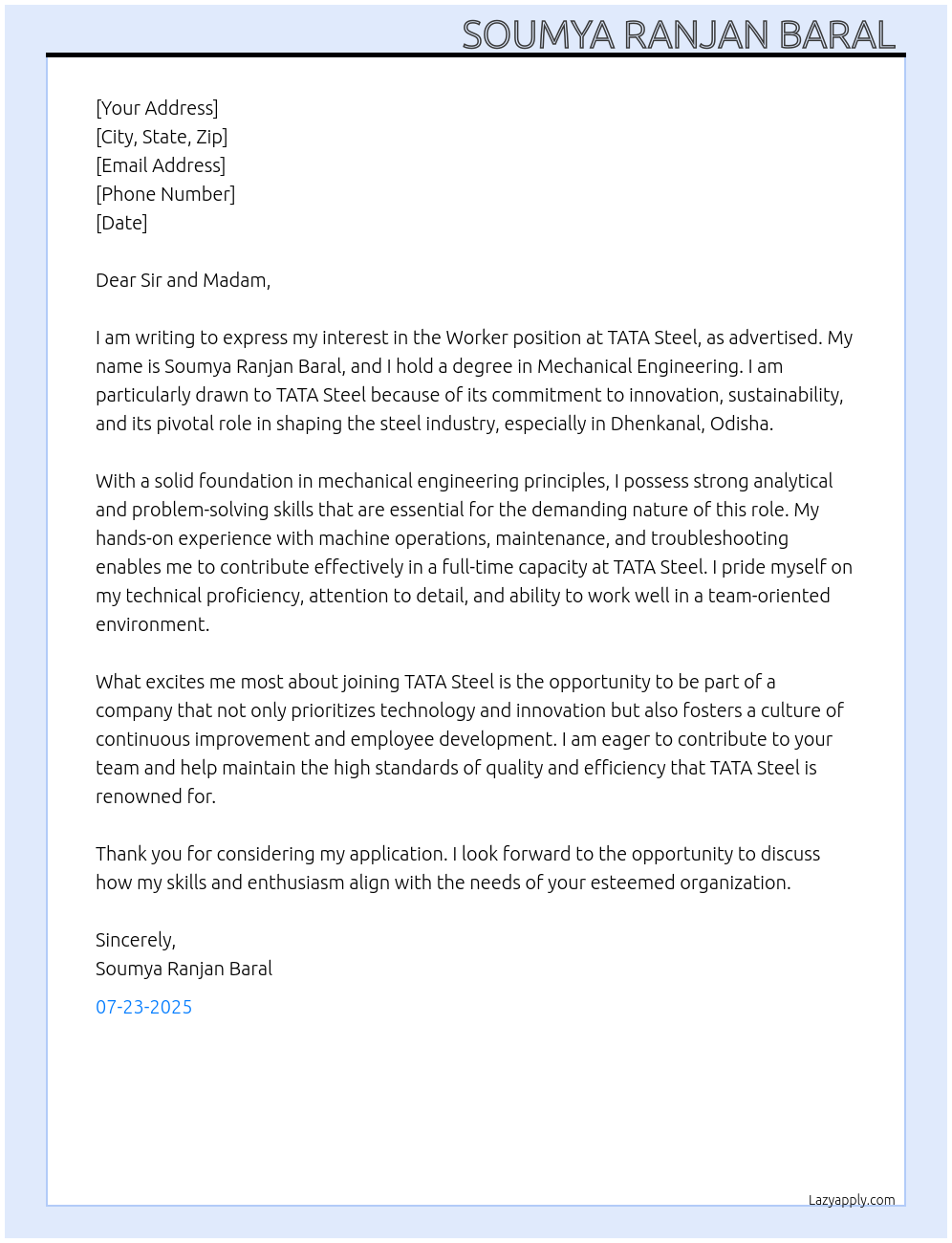 Worker At TATA Steel Cover Letter