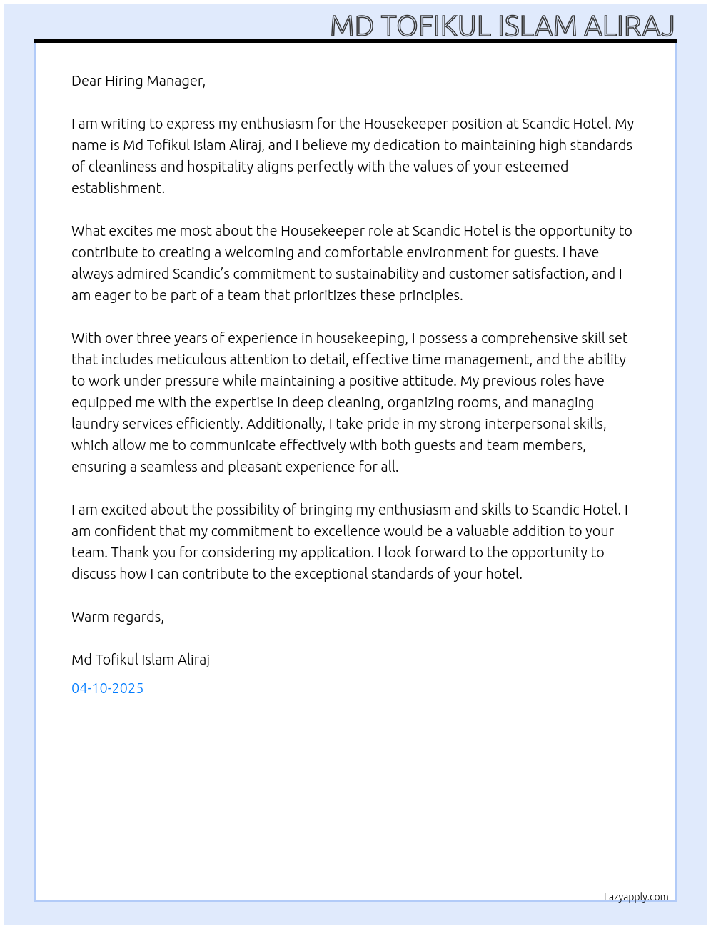 Housekeeper At Scandic Hotel Cover Letter