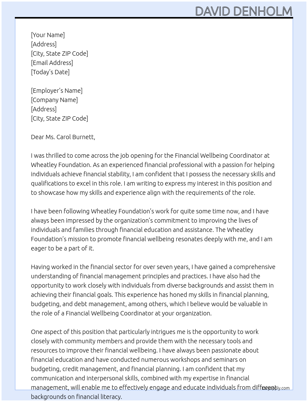 Cover letter for financial wellbeing coordinator - LazyApply