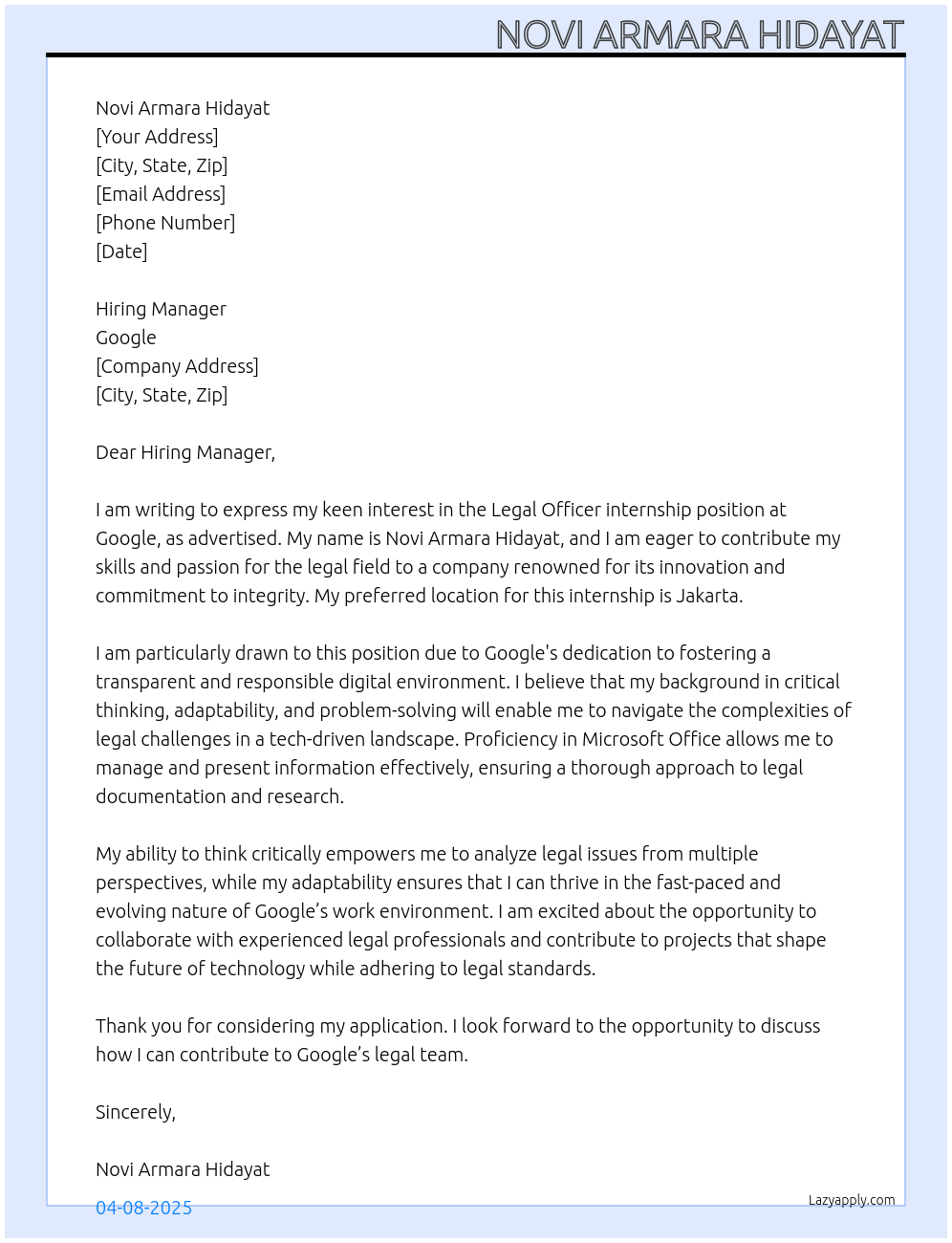 Legal officer At google Cover Letter