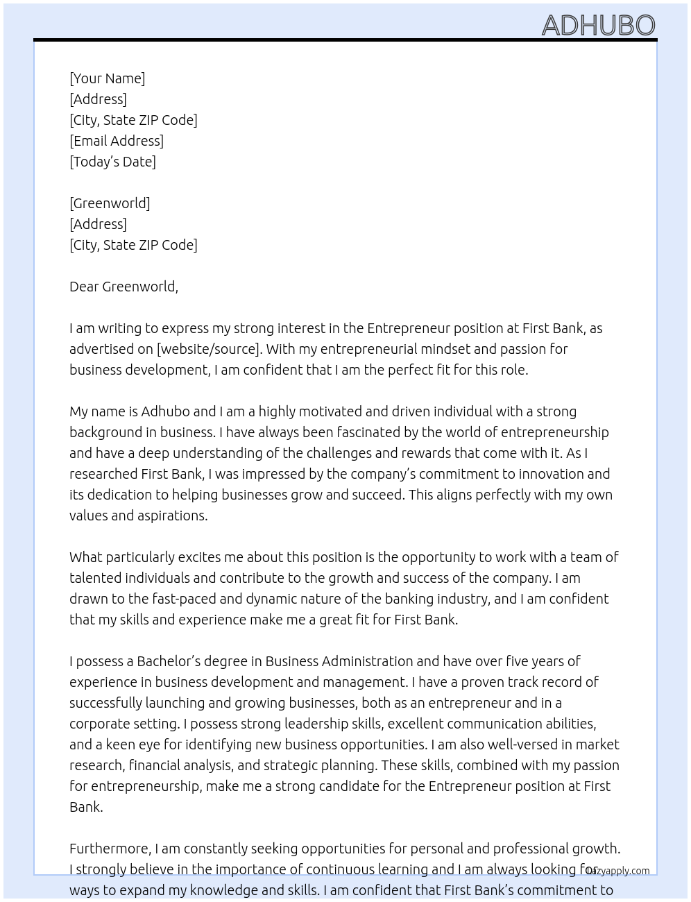 Entrepreneur At First bank Cover Letter