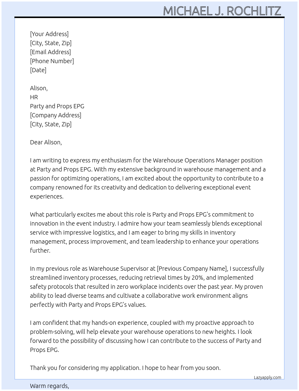 Cover letter for warehouse operations manager - LazyApply