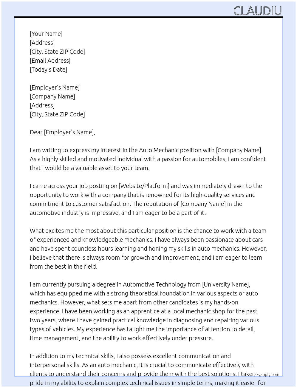 Auto mechanic At Internship Cover Letter