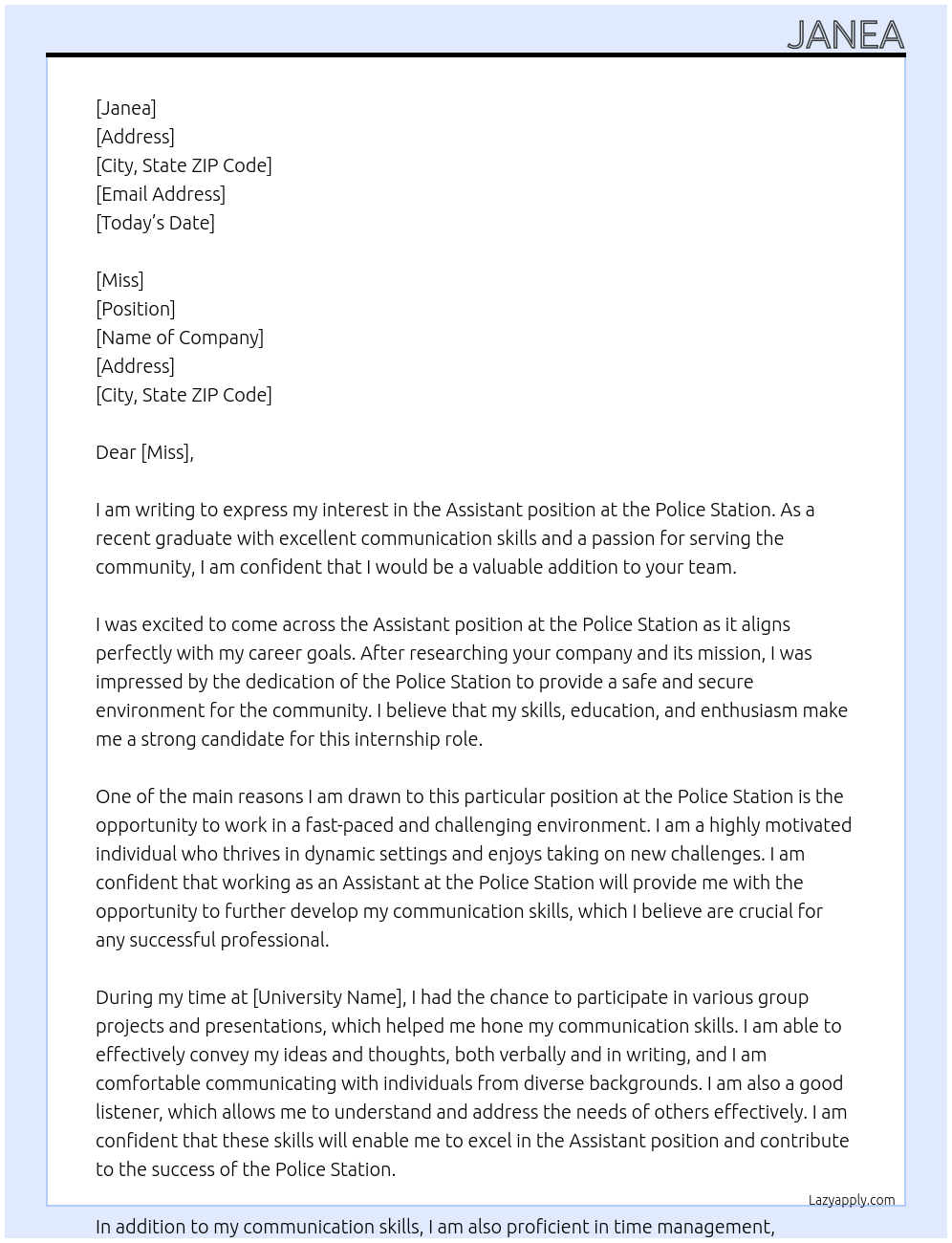 assistant At police station Cover Letter