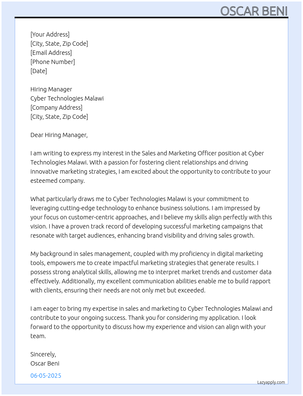 Sales and marketing officer At Cyber Technologies Malawi Cover Letter