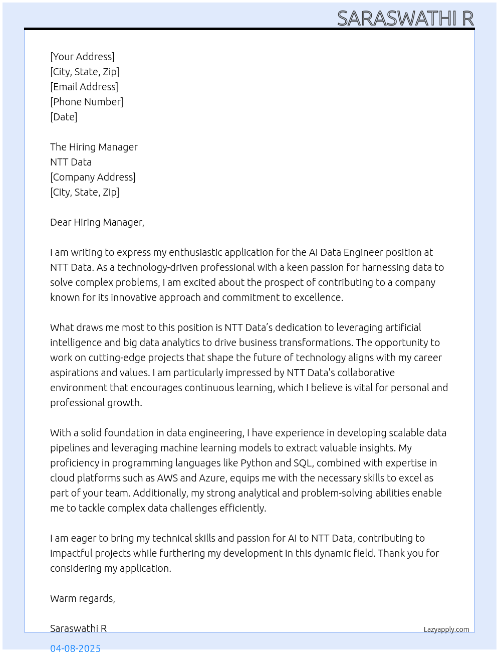 Cover letter for ai data engineer - LazyApply