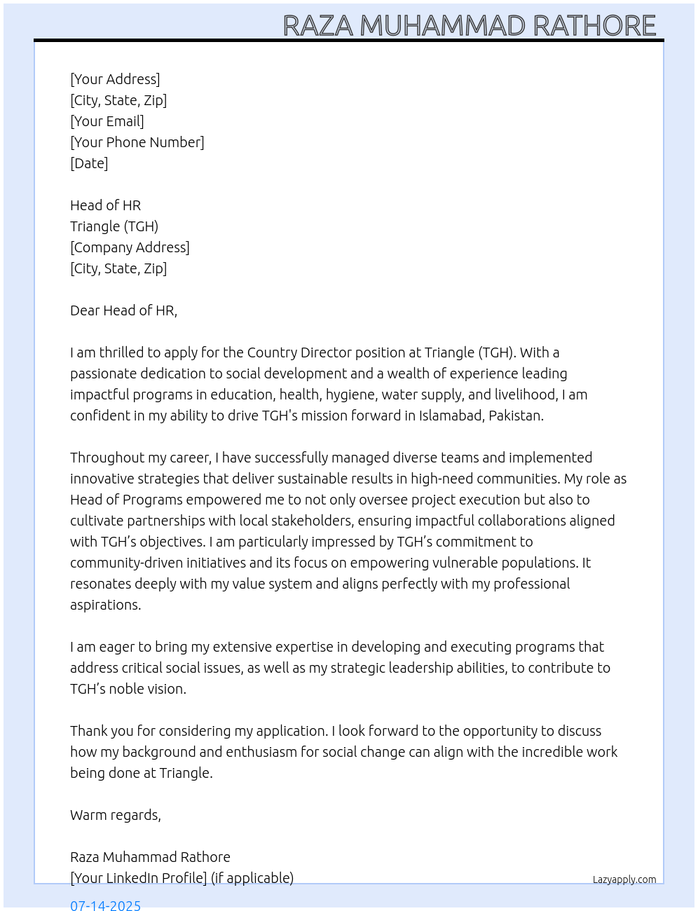 Country Director  At Triangle (TGH) Cover Letter