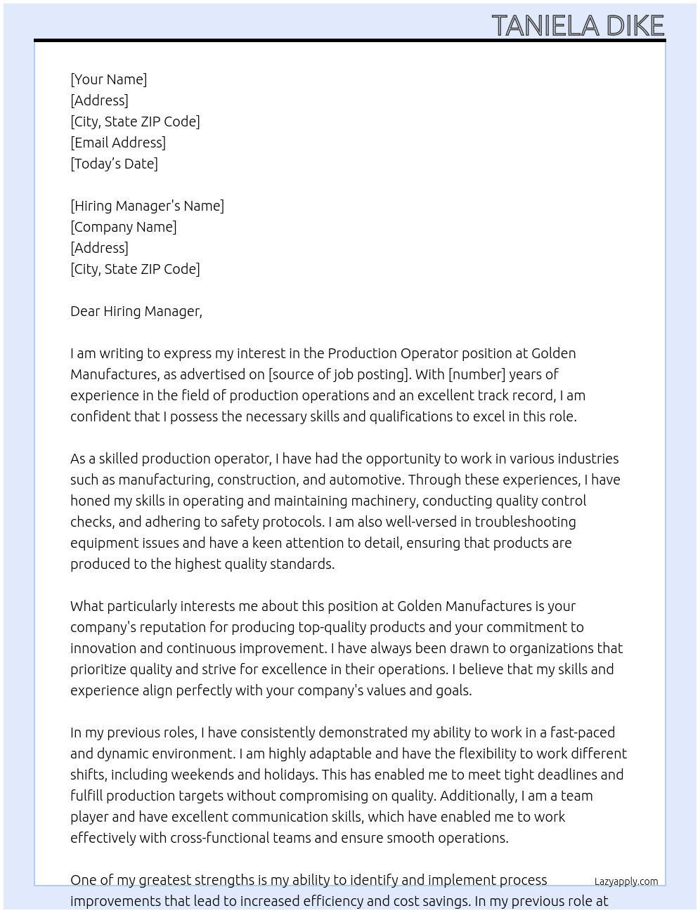 Production Operator At Golden Manufactures Cover Letter