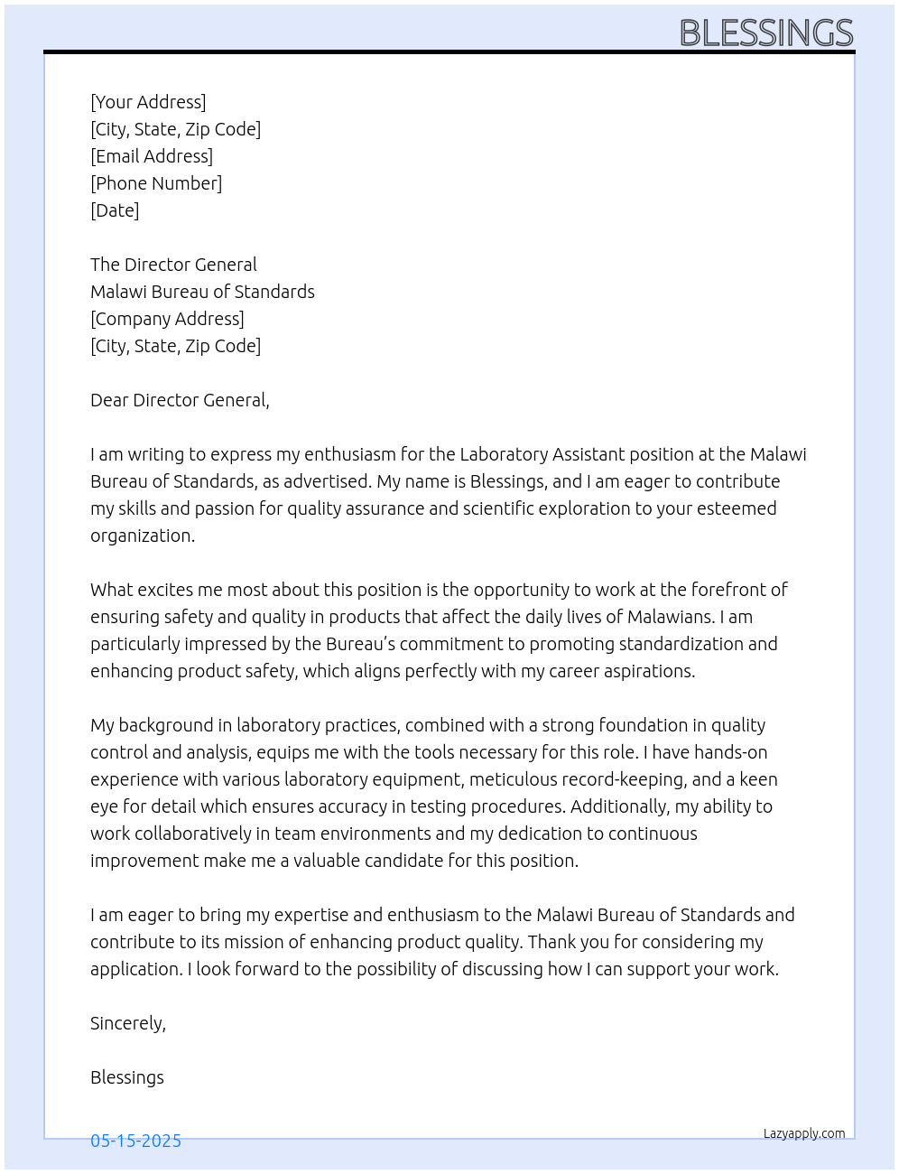 laboratory assistant At Malawi Bureau of Standards Cover Letter