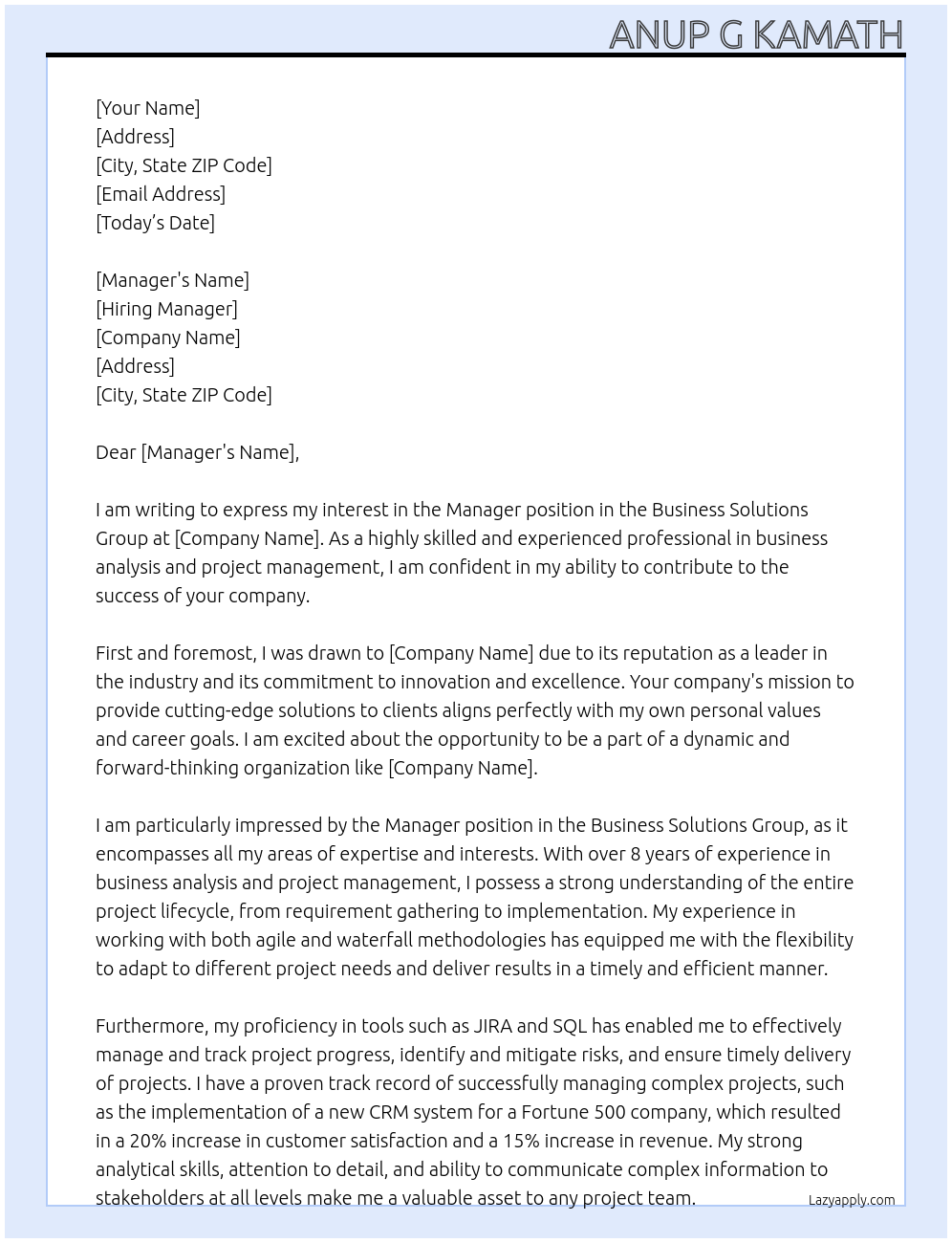 Manager - Business Solutions Group  At Xxx Cover Letter