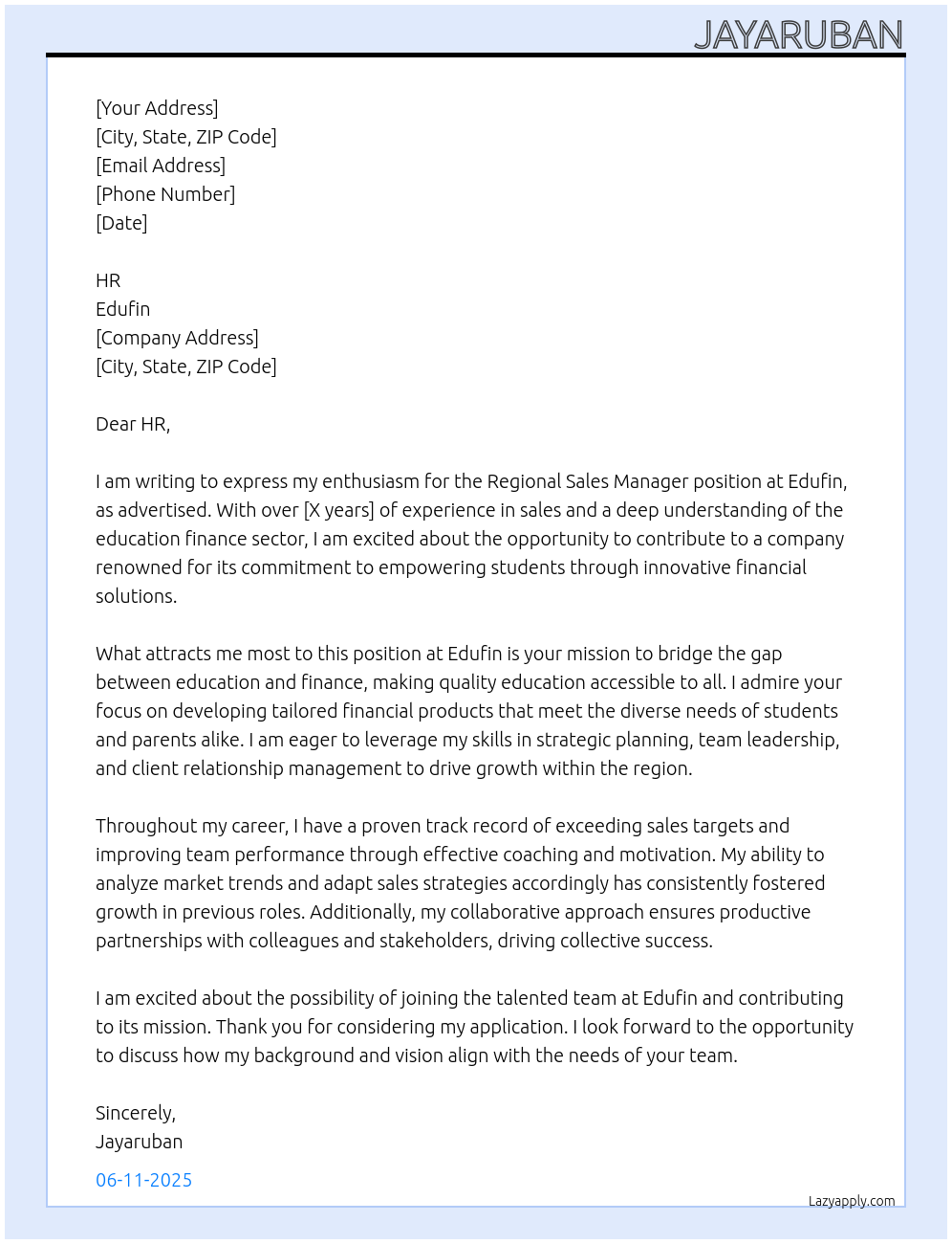 Regional sales manager At Edufin Cover Letter